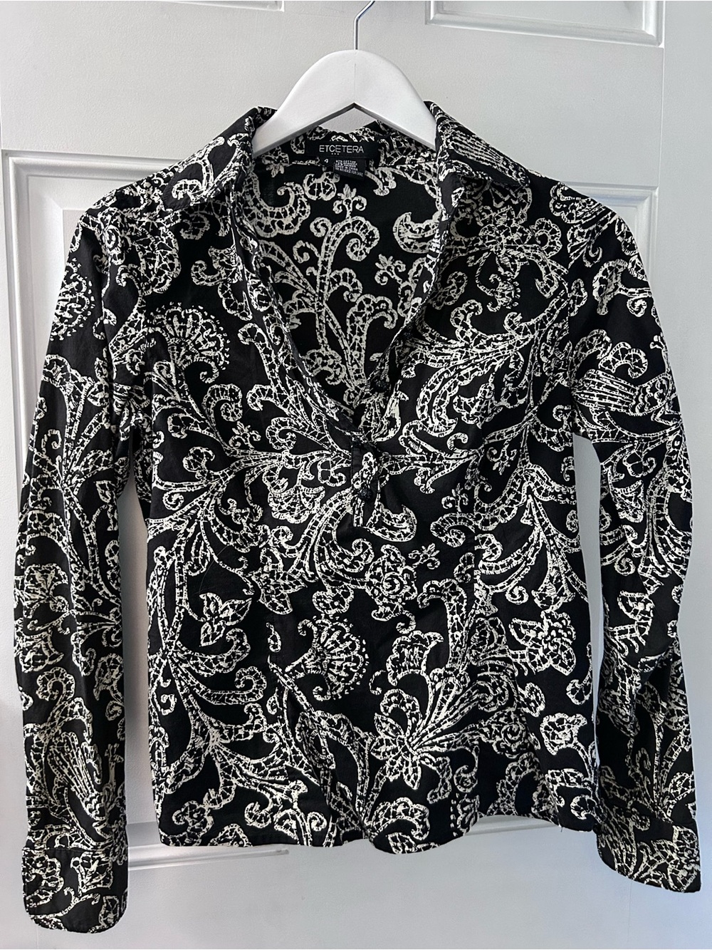 Etcetera Black & White Paisley Tie-Neck Button-Down Shirt